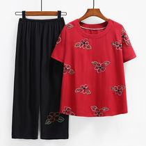 中老年夏季短袖大码女装棉麻绣花民族风套装洋气妈妈T恤衫两件套