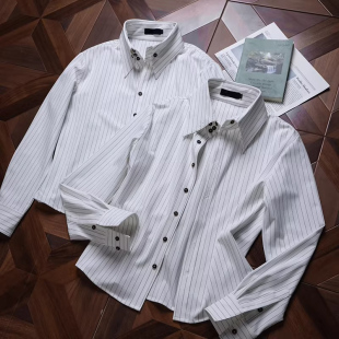 Cleanfit高领台尖领白条纹衬衫 衬衣 男女正肩合身优雅通勤休闲长袖