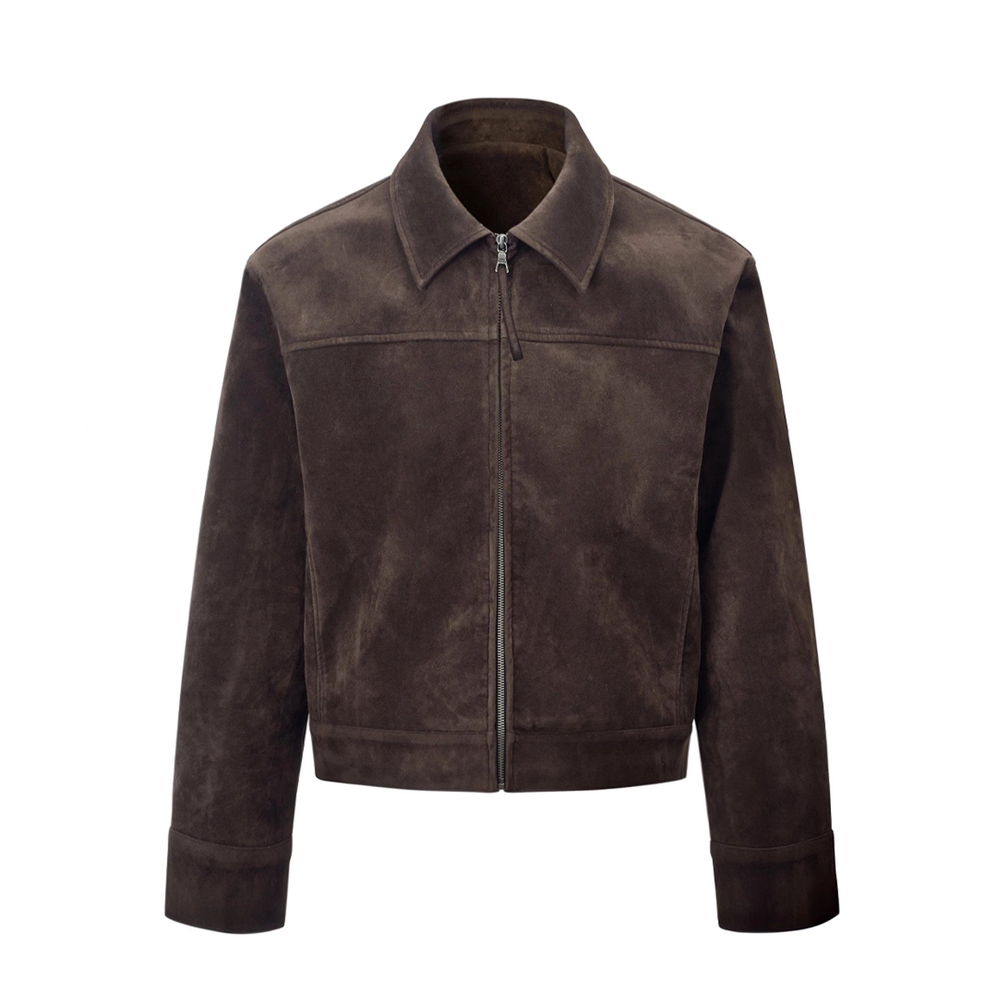 秋冬季韩国短款夹克巴恩夹克深咖仿牛绒复古翻领麂皮正肩版型外套