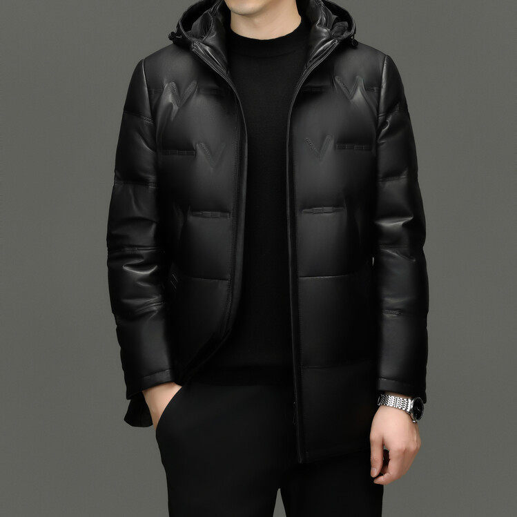 进口冬季真皮头层绵羊皮中长款外套男休闲连帽加厚保暖羽绒服皮衣