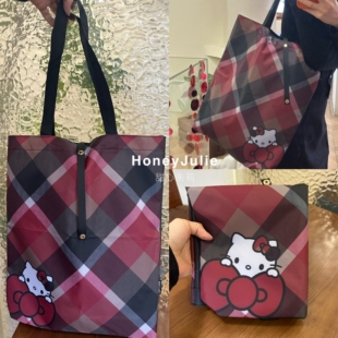 日本杂志附录Kitty格子可折叠环保购物袋卡通印花大容量单肩包女