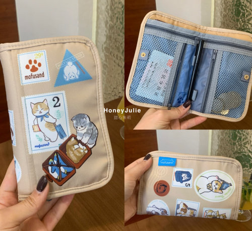 日系可爱鲨鱼猫证件包多功能护照票据银行卡钱包