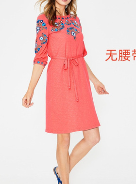 英国BD 纯棉七分袖刺绣连衣裙两色女竹节棉有大码boden