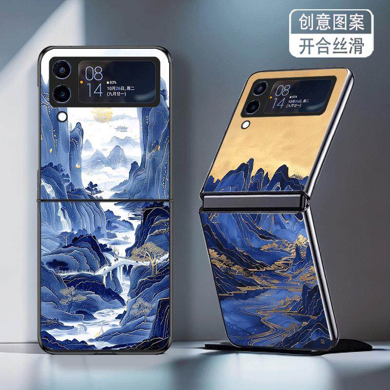 适用三星ZFlip3手机壳ZFlip4折叠屏W23Flip新款galaxy防摔套蓝色山水风景画个性小创意高级感轻奢硬壳男女潮