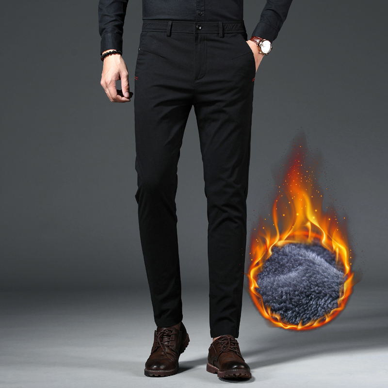 Casual long pants men's tight waist business thickened warm outerwear pants office pants Plush