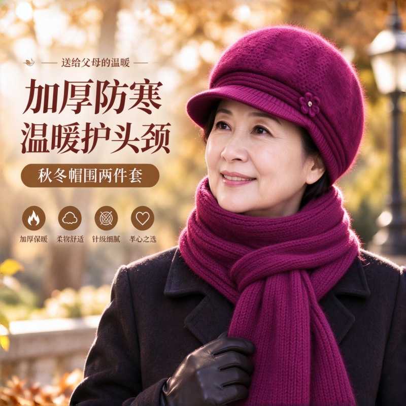中老年帽子女款冬季针织帽围巾两件套妈妈加厚保暖护耳防风毛线帽