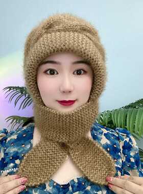 针织帽围巾一体女秋冬季护颈保暖