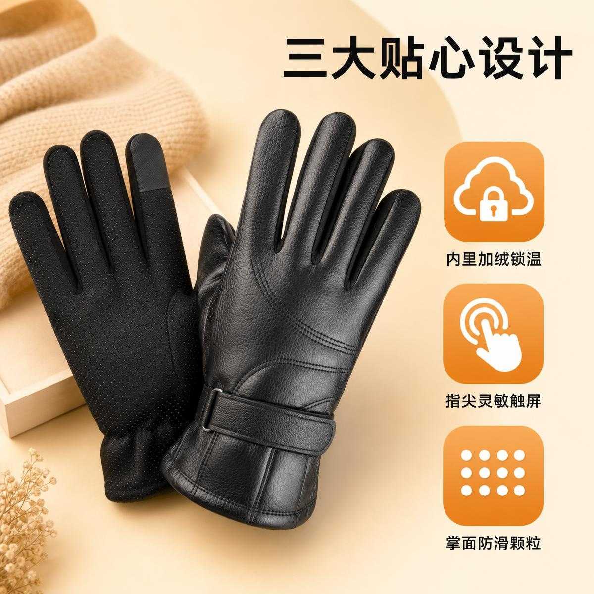 保暖加绒加厚PU皮手套男女秋冬