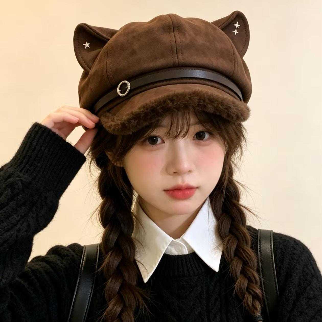 韩版秋冬加厚加绒贝雷帽女复古
