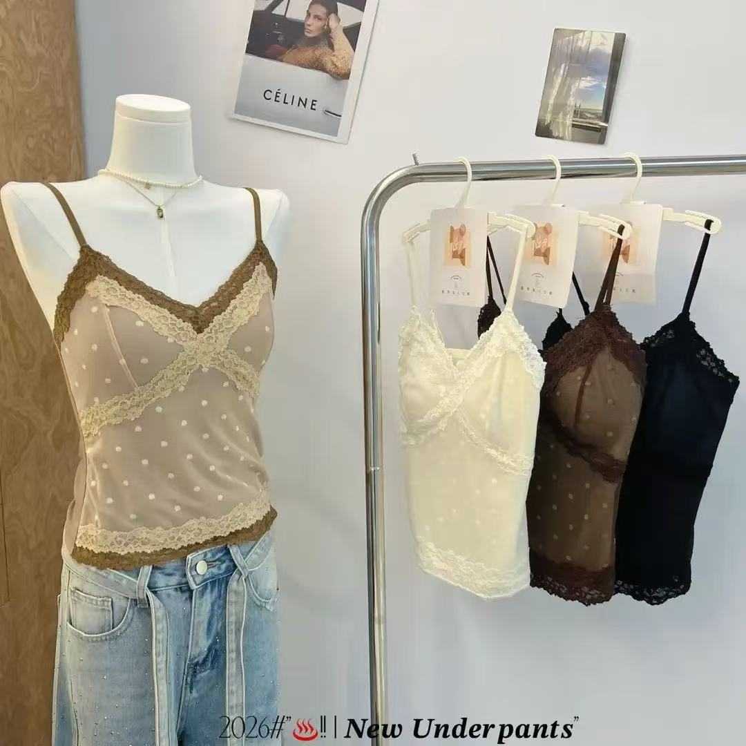 M051蕾丝波点吊带背心女保暖磨毛
