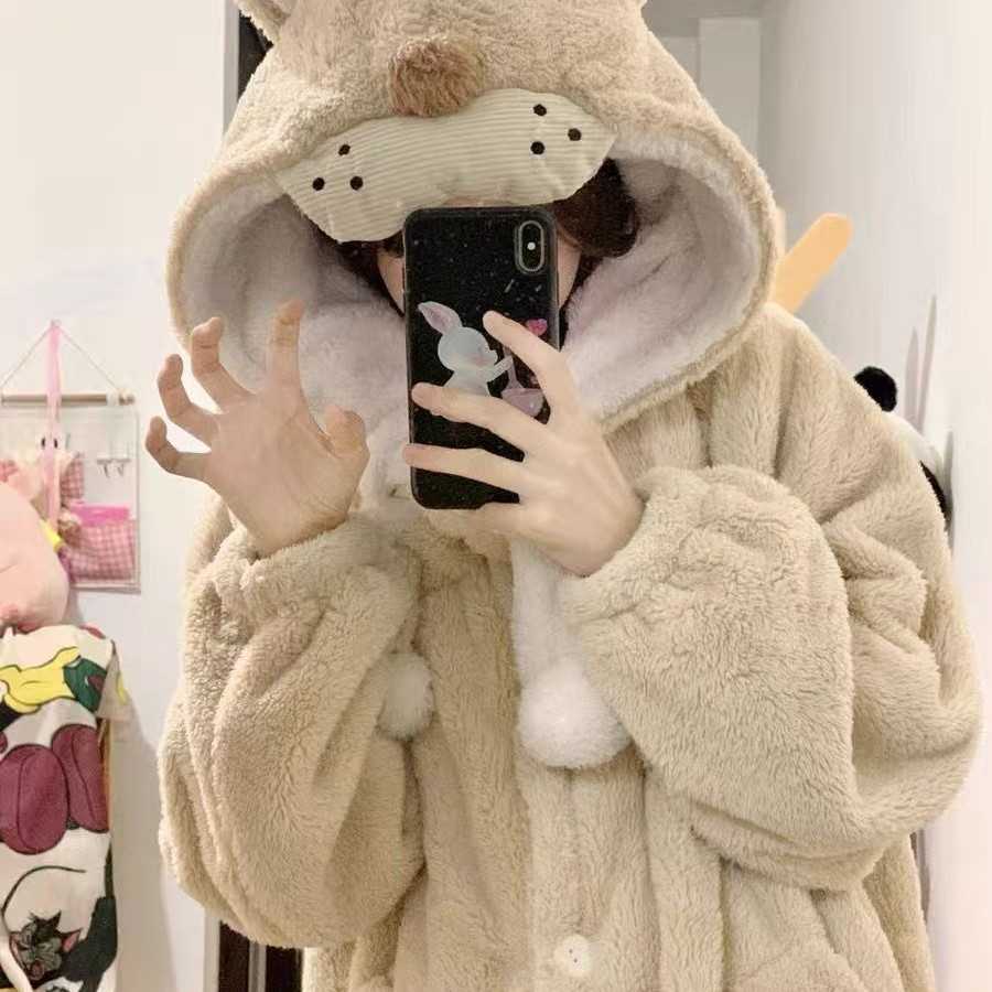 女冬新款卡通小狮子珊瑚绒连帽含