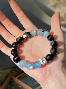 天然银曜石灰月光设计款手链