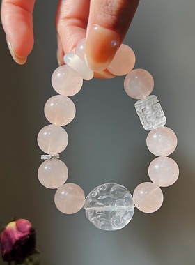 天然粉水晶狐牌手链女款招桃花