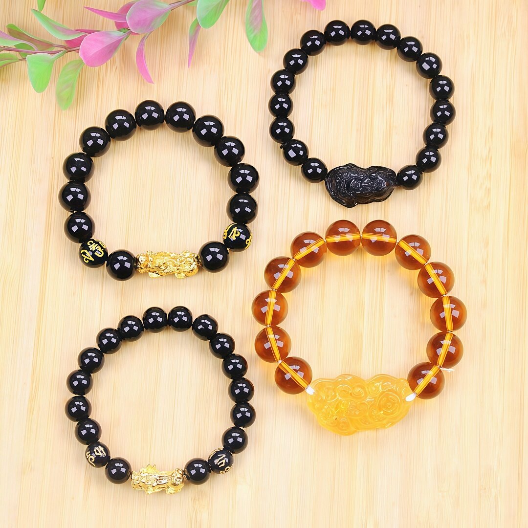 地摊庙会热卖男女仿黄金貔貅手链玻璃手串饰品义乌批发