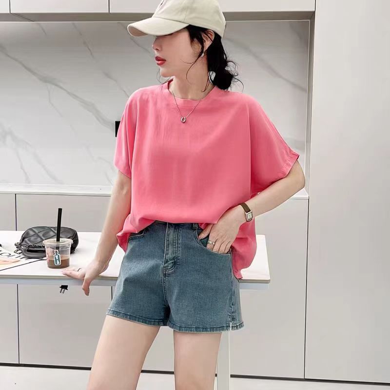 粉色冰丝短袖t恤女2025新款夏季洋气宽松显瘦上衣女士休闲体恤潮