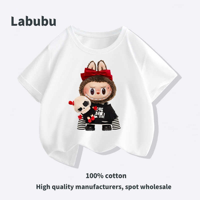 海外货源Labubu酷黑风公仔拉布布夏季纯棉短袖童装亲子装T恤