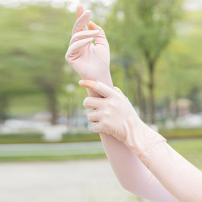 夏季蕾丝露二指长款防晒手套袖女