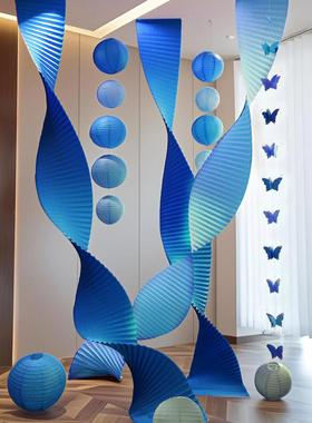 折纸布置节日蓝色蓝色结婚瓦楞纸房现场系婚中式婚礼背景波浪橱窗