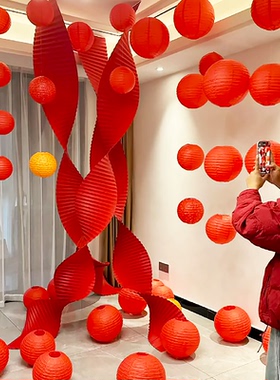 布置门瓦楞纸商过店铺幼儿园装饰品氛围春节新年2026红灯笼场景