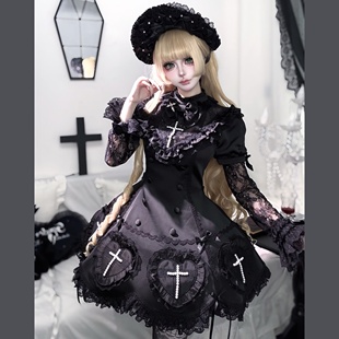 小欣原创咏夜十字op暗黑系华丽精致感亚比哥特风套装 lolita连衣裙
