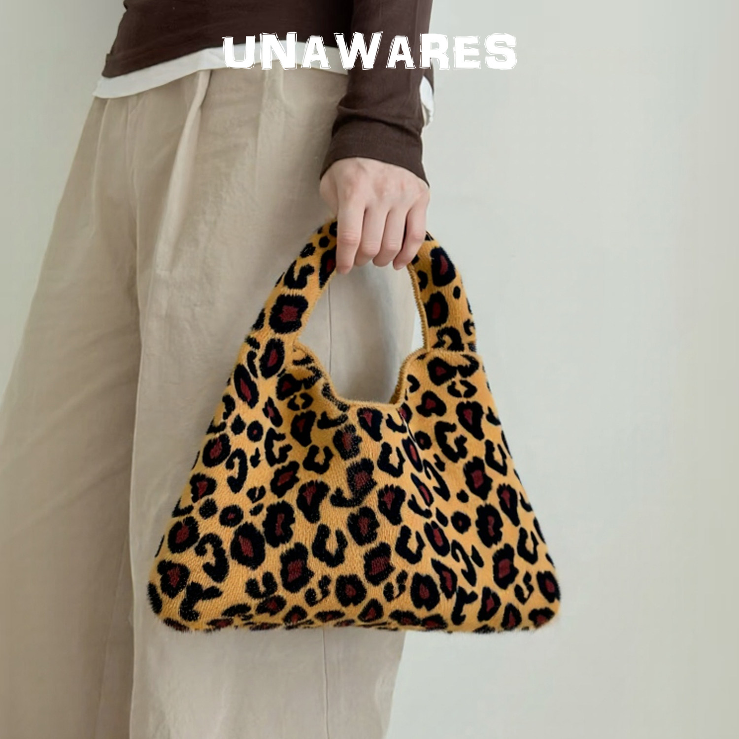 豹纹毛绒绒手提包女简约百搭