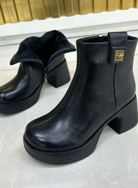 冬季洋气真皮圆头高跟短筒靴女侧拉链防水台时装靴加绒保暖棉靴子