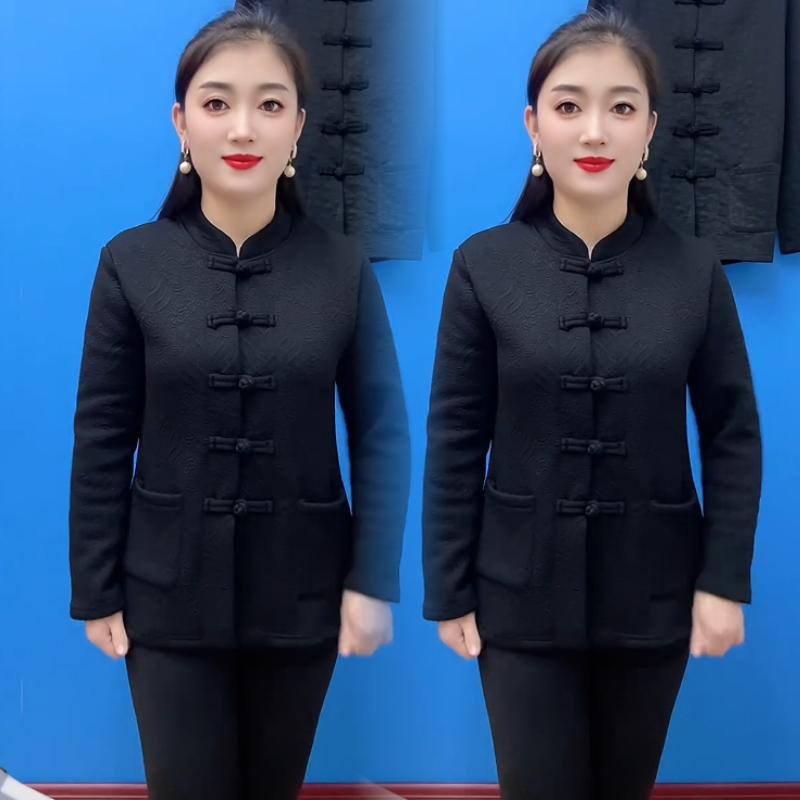 加绒外套盘扣双兜长袖大码复古