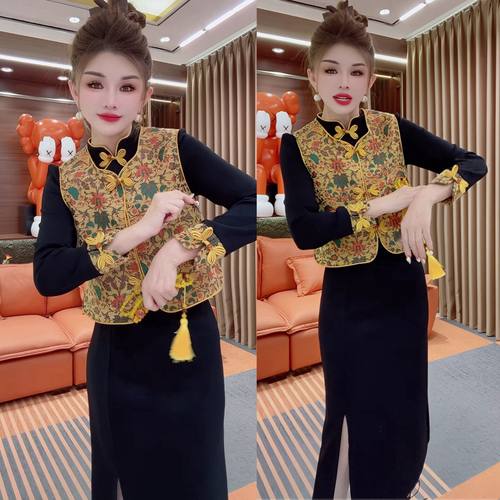 2025秋冬新款时尚套装女新中式国风盘扣上衣马甲旗袍连衣裙两件套