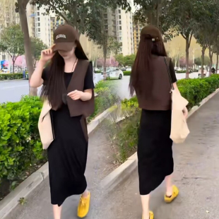 韩系通勤马甲长裙套装女2026春装新款减龄显瘦黑色连衣裙两件套