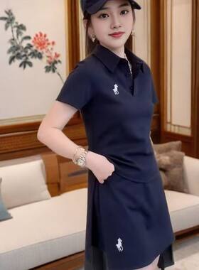夏季网红新款刺绣小马polo短袖T恤上衣+高腰休闲运动短裤裙套装潮