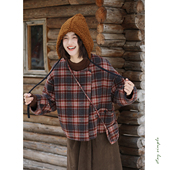 花吉C105红咖色复古少女感圆领格纹短款 双面呢外套女2025新款 秋冬