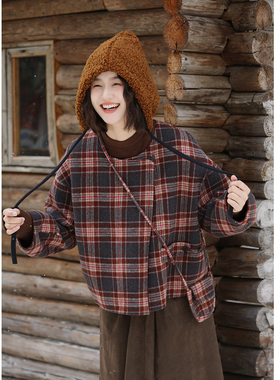 花吉C105红咖色复古少女感圆领格纹短款双面呢外套女2025新款秋冬