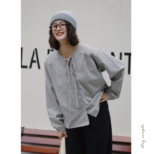 秋冬衬衣 女2026新款 花吉C077米灰细条纹圆领系带长袖 文艺宽松衬衫