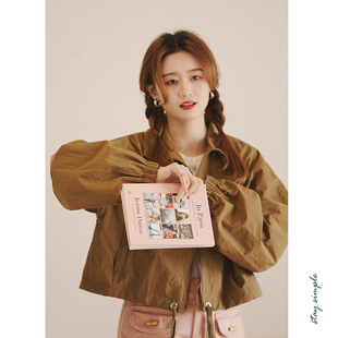 花吉B694拿铁咖色织带滚边立领短款 春学院无帽外套 风衣女2025新款