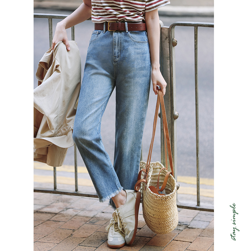 花吉K309蓝色高腰直筒脚口毛边水洗做旧牛仔裤女2025新款春直筒裤