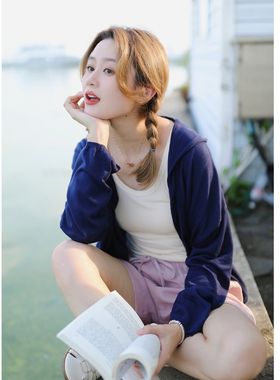 花吉C019藏青色垂感天丝连帽薄款针织空调衫女2026新款夏针织衫