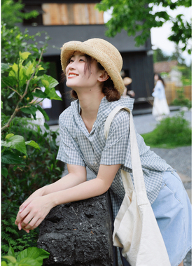 花吉C215浅蓝色日系纯棉格纹连帽衬衫女2026新款夏格子学院风衬衣
