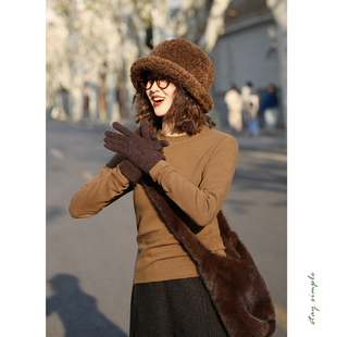 秋冬打底弹力上衣 花吉C130米色内搭磨毛加绒圆领T恤女2026新款