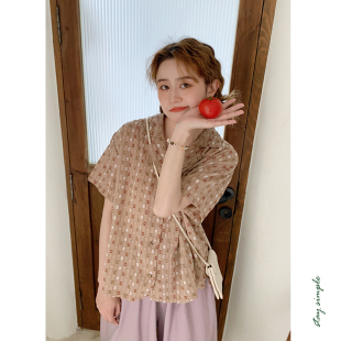 夏学院衬衣 女2026新款 花吉B728棕色立体毛边纯棉宽松复古短袖 衬衫