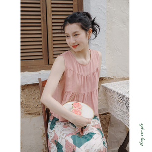 女2026新款 衬衫 夏小个子休闲衬衣 无袖 花吉B485粉色棉麻套头短款