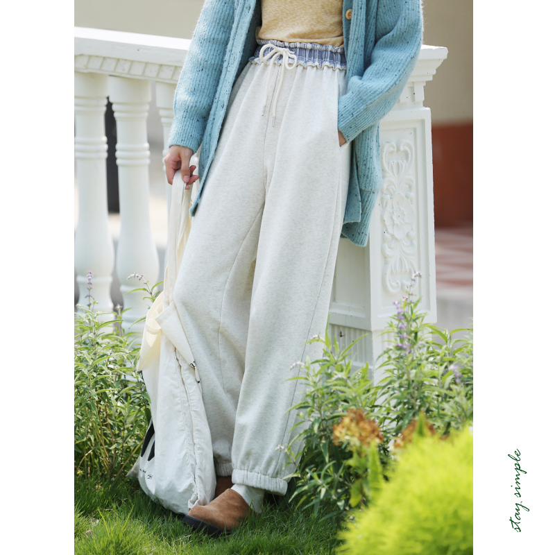 花吉K380米灰色高腰宽松拼接格纹腰头运动裤女2025新款秋休闲裤