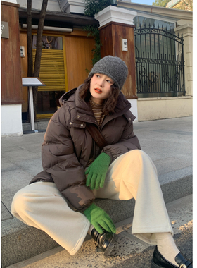 花吉C131紫棕色复古宽松连帽羽绒服女2025新款冬慵懒风学生外套