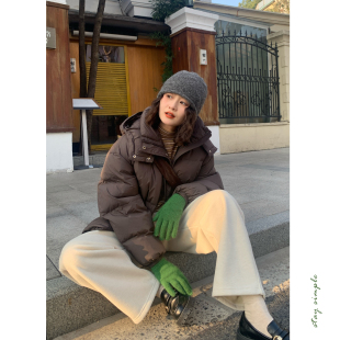 花吉C131紫棕色复古宽松连帽羽绒服女2026新款 冬慵懒风学生外套