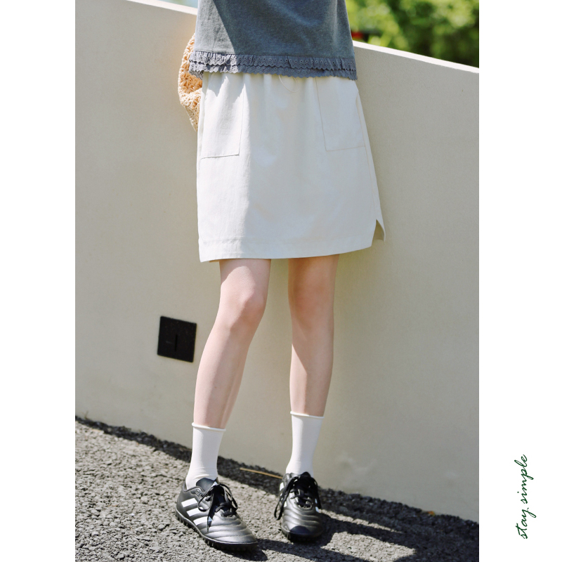 米白色天丝高腰百搭防走光短裙