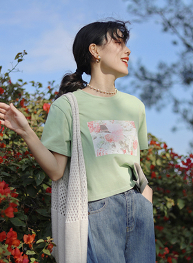 花吉B370玫瑰粉色印花纯棉短款短袖T恤女2026新款春上衣全棉夏