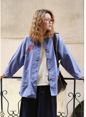 花吉C024蓝色贴布设计感小众长袖圆领衬衫女2025新款秋纯棉外套