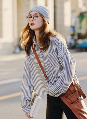 花吉B839灰色长袖全棉宽松条纹衬衫女2026新款春纯棉竖条纹衬衣