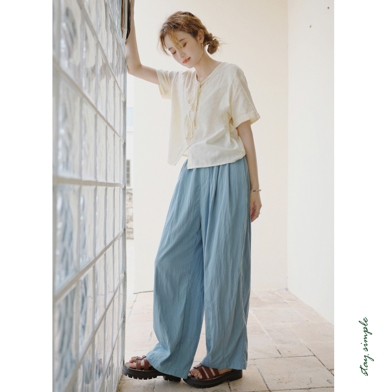 花吉K327奶黄色轻薄松紧腰防晒九分宽松休闲裤女2025新款夏裤子