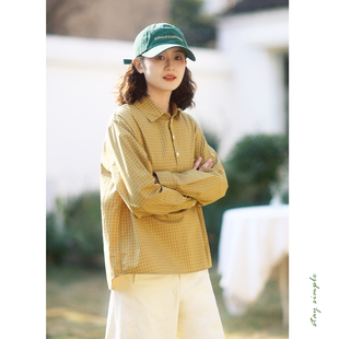 花吉C139芥子黄格纹半开襟衬衫女2026新款春套头长袖纯棉格子衬衣