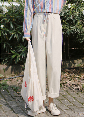 花吉K394卡其色高腰百搭全棉直筒休闲裤女2026新款秋九分直筒裤